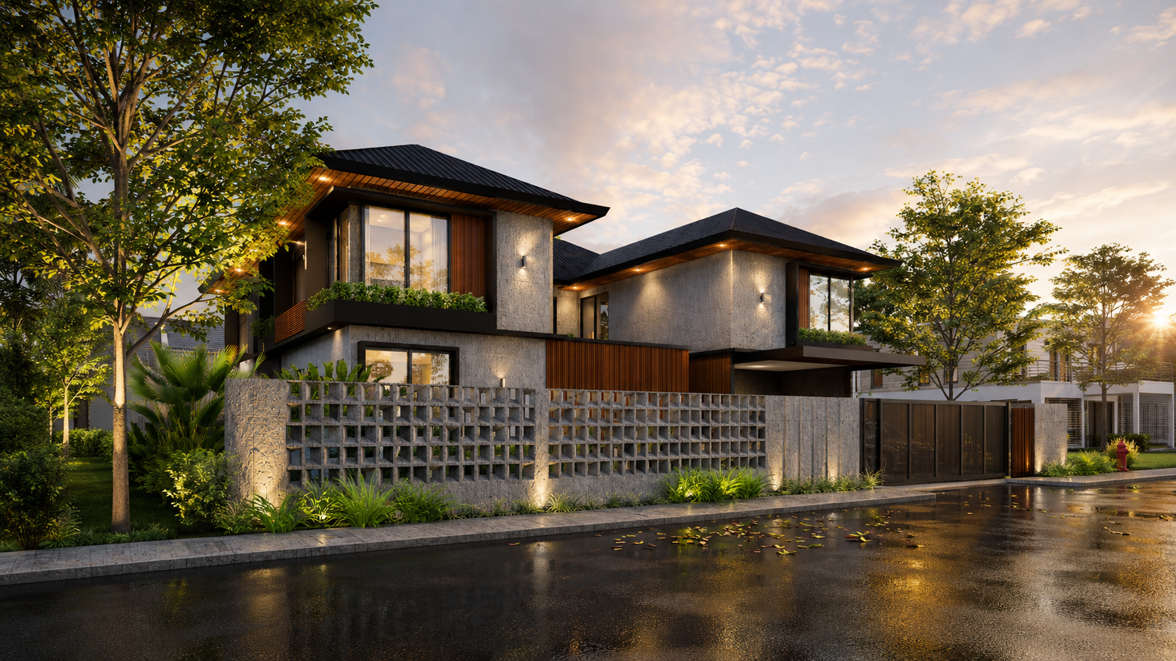 Modern bungalow evening exterior