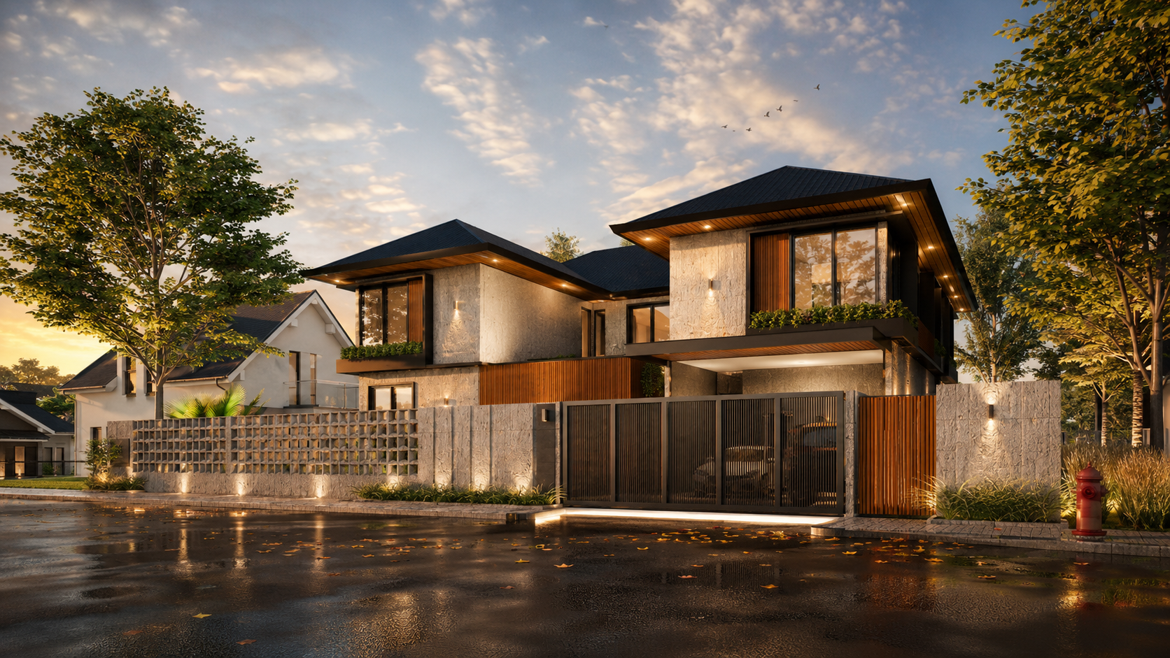 Modern bungalow twilight front exterior