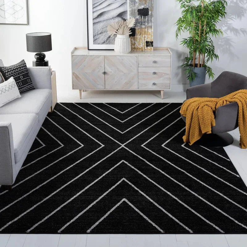 PRG-26 Modern Geometric Mixed Nylon Polypropylene Black Printed Machine-made Rug
