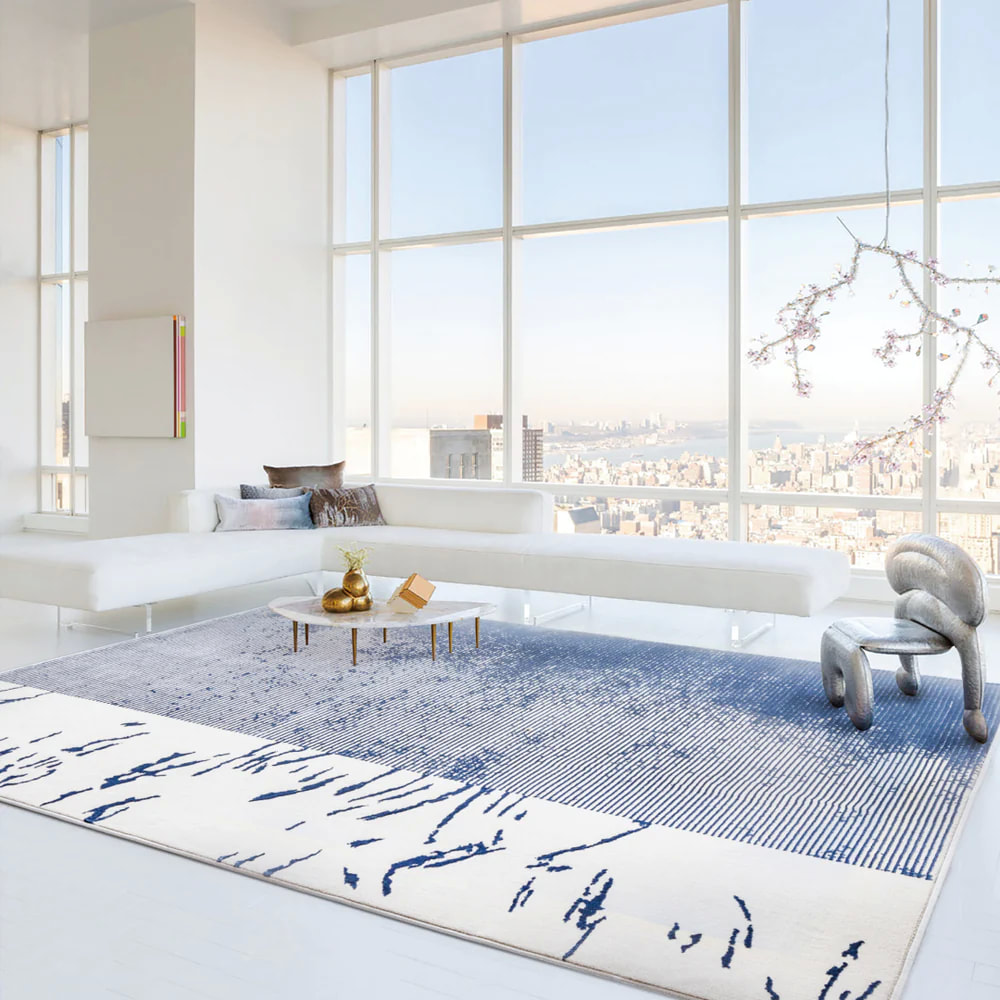 PRG-42 Minimalist Abstract Mixed Nylon Polypropylene Ivory/Blue Printed Machine-made Rug