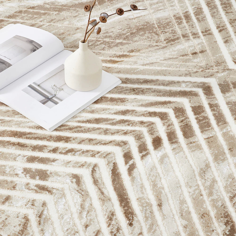 PRG-44 Modern Striped Mixed Nylon Polypropylene Beige Printed Machine-made Rug - Image 3