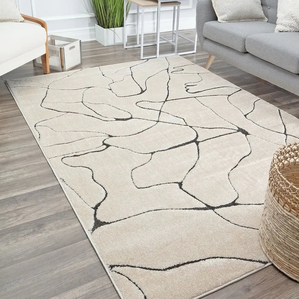 PRG-9 Modern Contemporary Abstract Mixed Nylon Polypropylene Beige Printed Machine-made Rug