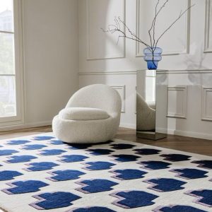 RG-102 Modern Contemporary Geometric Wool & Viscose White/Dark Blue Handtufted Handmade Rug