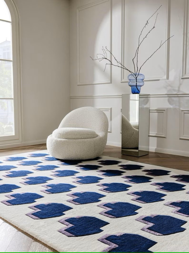 RG-102 Modern Contemporary Geometric Wool & Viscose White/Dark Blue Handtufted Handmade Rug