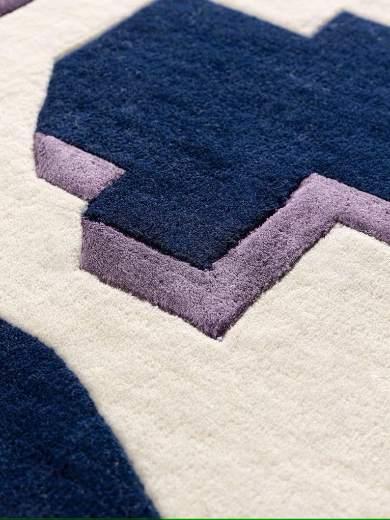 RG-102 Modern Contemporary Geometric Wool & Viscose White/Dark Blue Handtufted Handmade Rug - Image 2