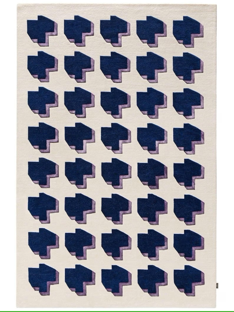 RG-102 Modern Contemporary Geometric Wool & Viscose White/Dark Blue Handtufted Handmade Rug - Image 3