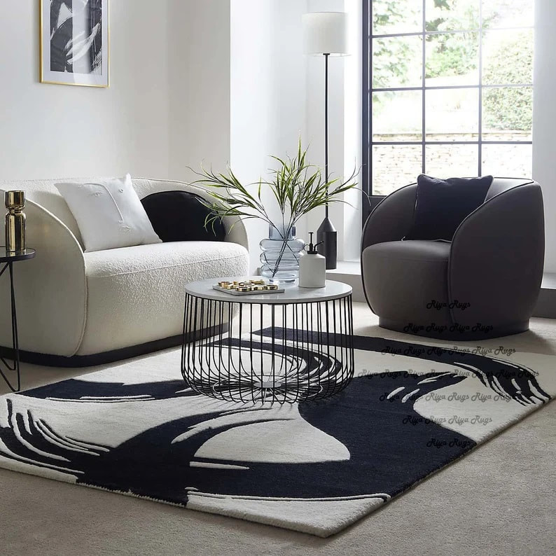 RG-105 Modern Abstract Wool Black/White Handtufted Handmade Rug