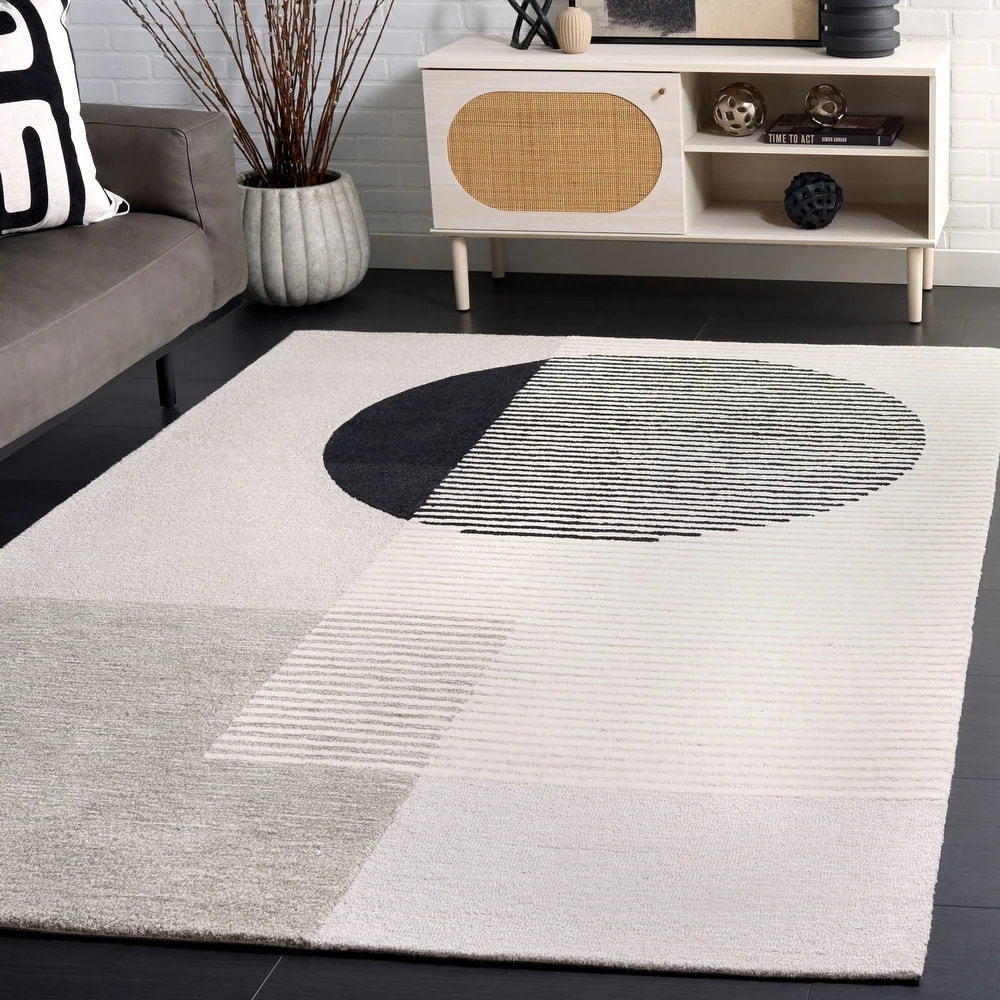 RG-19 Modern Contemporary Geometric Wool Black/Ivory Handtufted Handmade Rug
