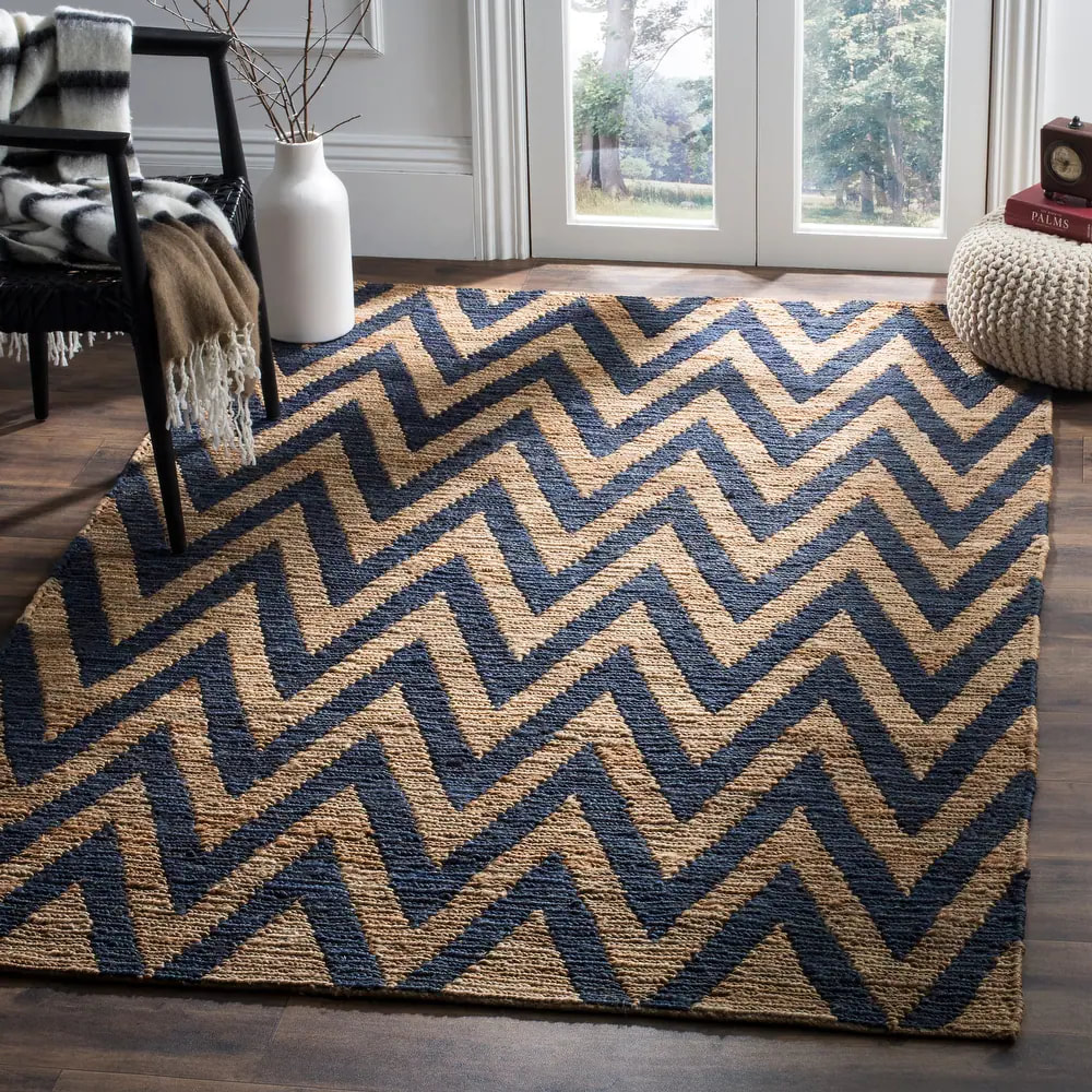 RG-37 Casual Geometric Jute Dark Blue/Natural Handknotted Handmade Rug
