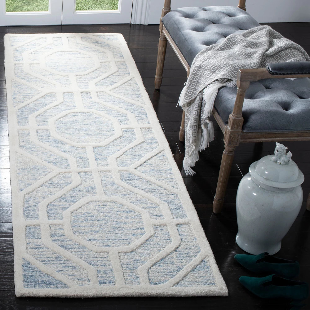 RG-42 Modern Contemporary Geometric Wool Light Blue/Ivory Handtufted Handmade Rug - Image 3