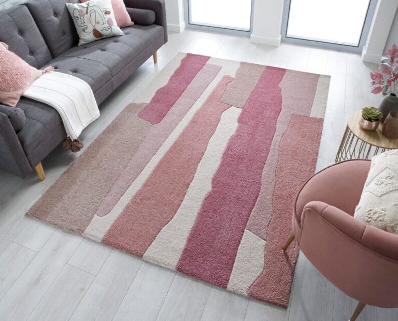RG-62 Mid-Century Modern Abstract Wool & Viscose Pink Handtufted Handmade Rug