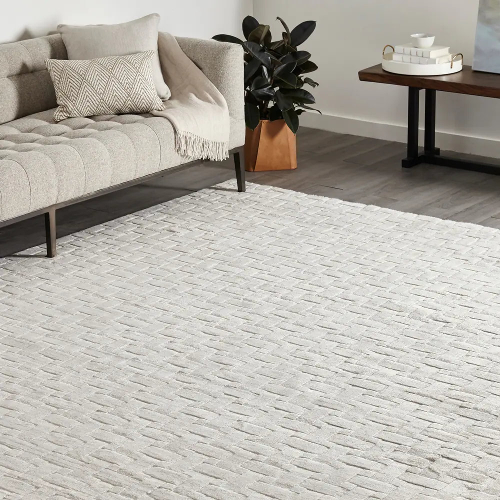 RG-70 Modern Contemporary Geometric Wool & Viscose Ivory Handknotted Handmade Rug