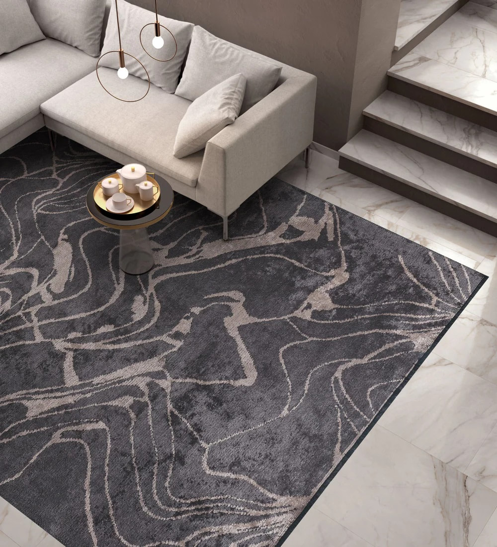 RG-87 Modern Abstract Wool & Viscose Black/Beige Handwoven Handmade Rug