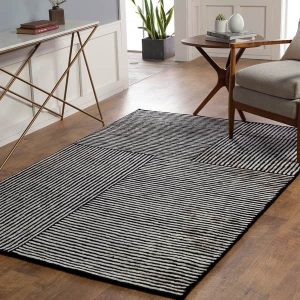 RG-97 Mid-Century Modern Striped Viscose Black/Ivory Handtufted Handmade Rug