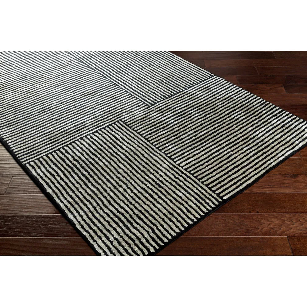 RG-97 Mid-Century Modern Striped Viscose Black/Ivory Handtufted Handmade Rug - Image 3