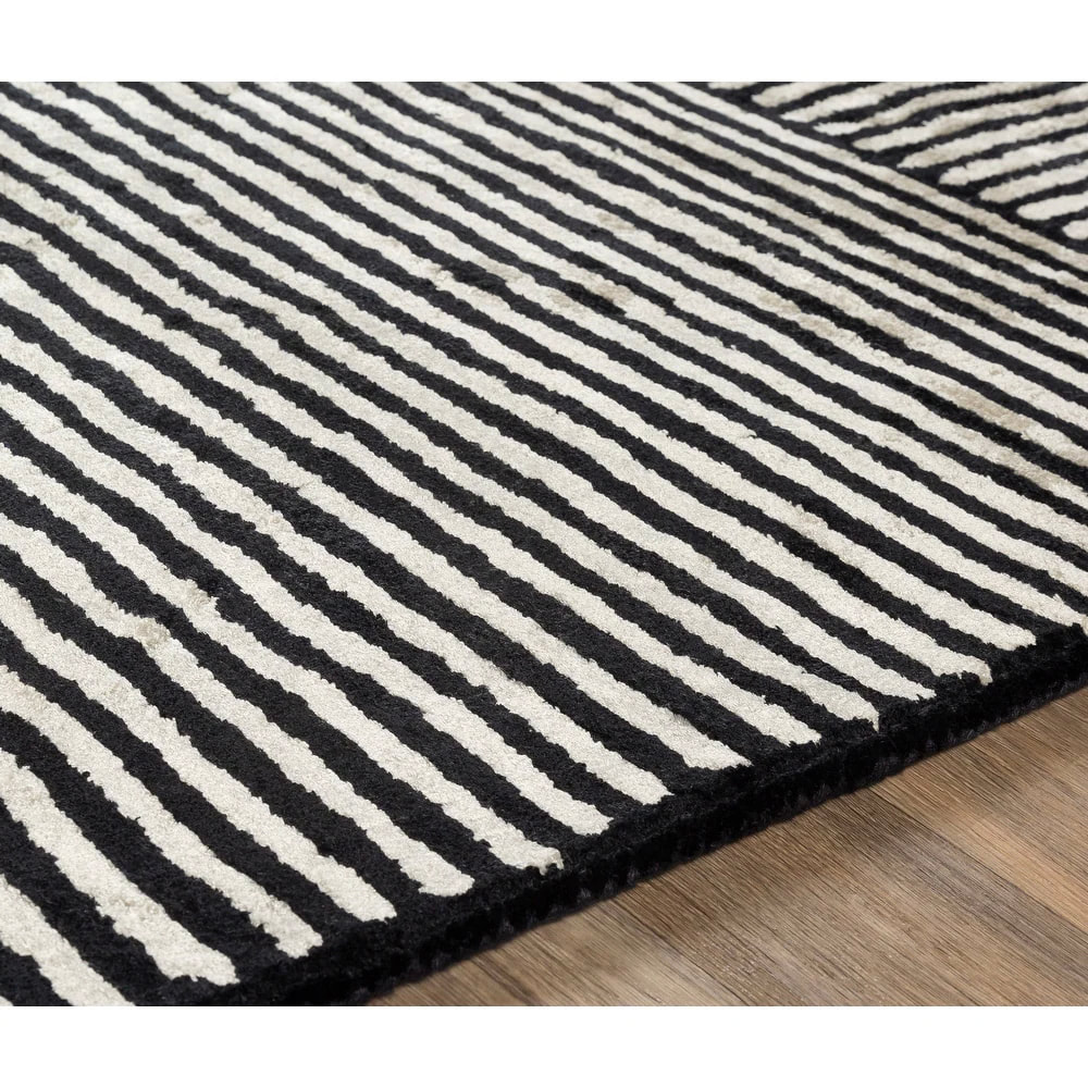 RG-97 Mid-Century Modern Striped Viscose Black/Ivory Handtufted Handmade Rug - Image 4