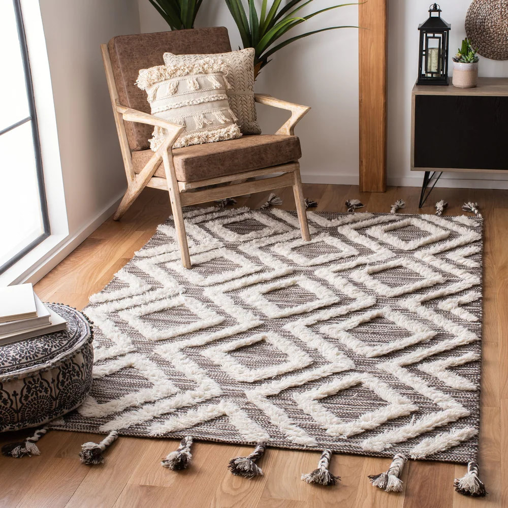 RG-99 Moroccan Tribal Wool Ivory/Brown Handtufted Handmade Rug