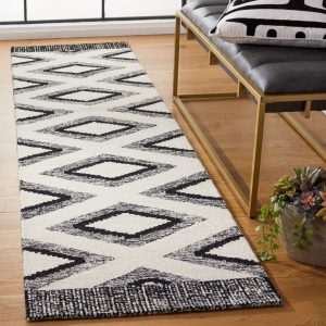 RN-1 Bohemian Tribal Wool Black/Ivory Handknotted Handmade Runner