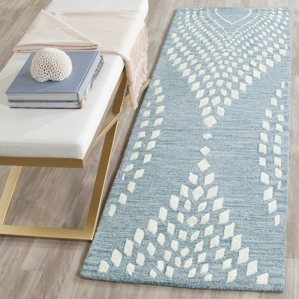 RN-10 Modern Contemporary Floral Wool & Viscose Blue Handtufted Handmade Runner