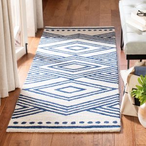 RN-13 Transitional Geometric Wool & Viscose Ivory/Blue Handwoven Handmade Runner