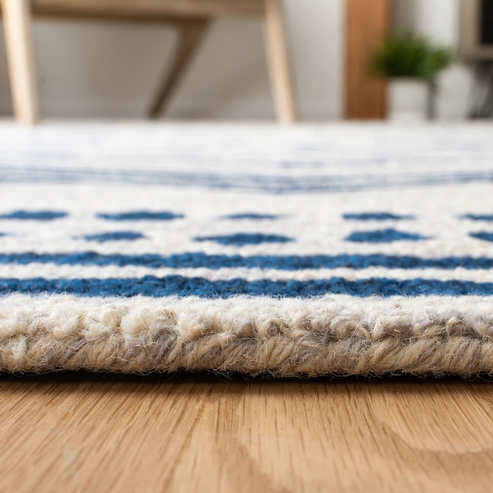 RN-13 Transitional Geometric Wool & Viscose Ivory/Blue Handwoven Handmade Runner - Image 2