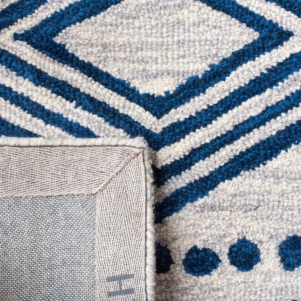 RN-13 Transitional Geometric Wool & Viscose Ivory/Blue Handwoven Handmade Runner - Image 3