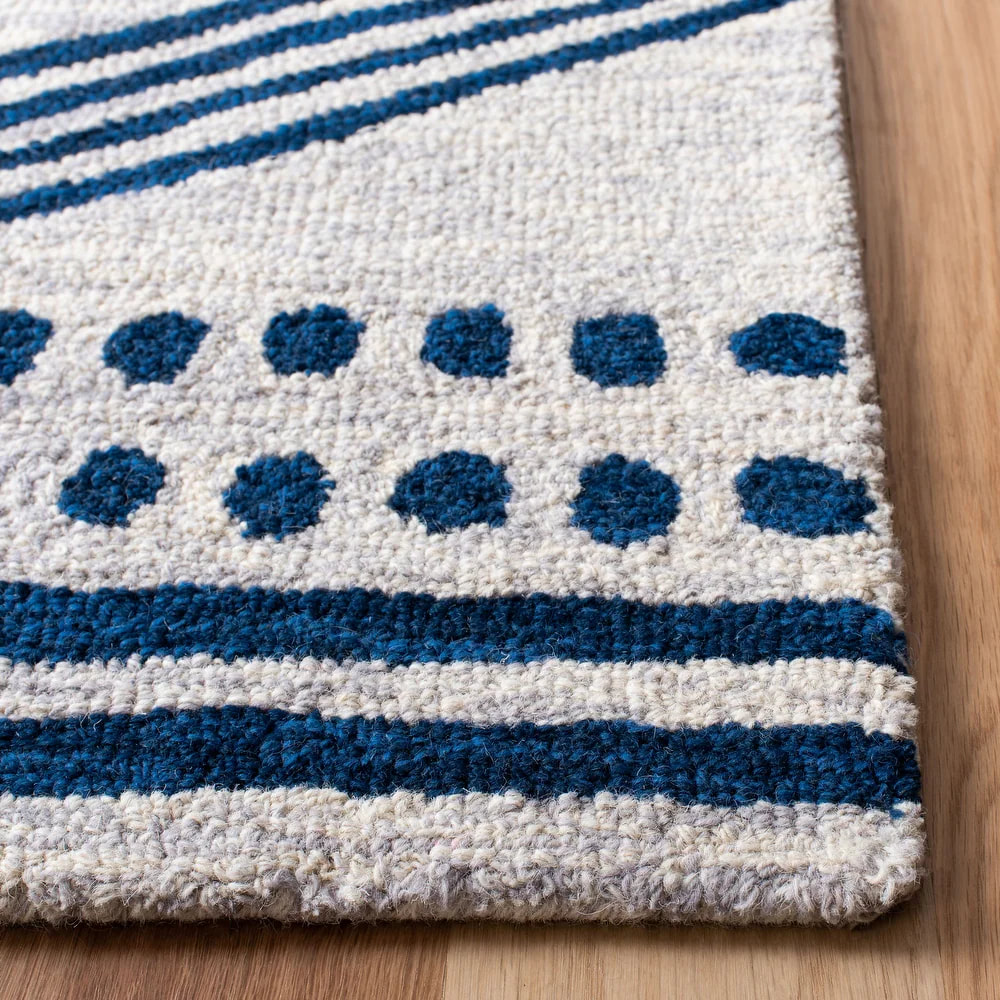 RN-13 Transitional Geometric Wool & Viscose Ivory/Blue Handwoven Handmade Runner - Image 4