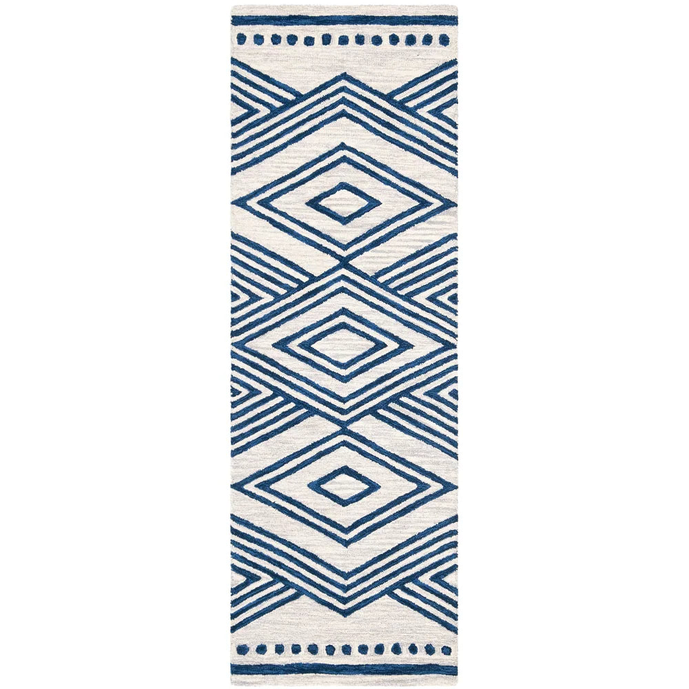RN-13 Transitional Geometric Wool & Viscose Ivory/Blue Handwoven Handmade Runner - Image 5