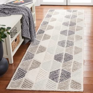 RN-15 Modern Contemporary Geometric Wool Ivory/Gray Handwoven Handmade Runner