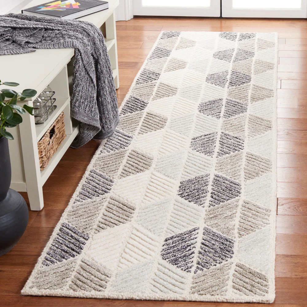 RN-15 Modern Contemporary Geometric Wool Ivory/Gray Handwoven Handmade Runner