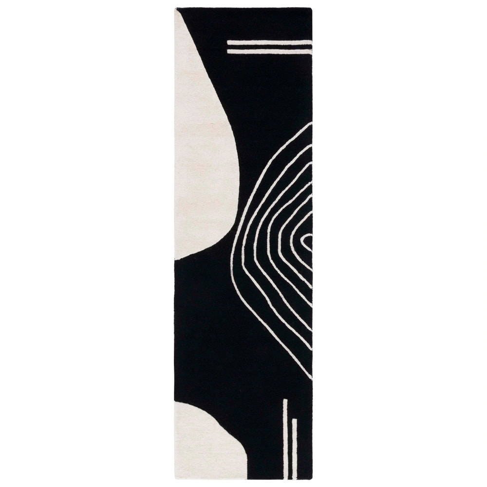 RN-2 Mid-Century Modern Abstract Wool Black/Ivory Handtufted Handmade Runner - Image 3
