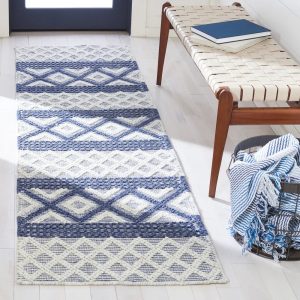 RN-24 Scandinavian Geometric Wool Ivory/Blue Handwoven Handmade Runner