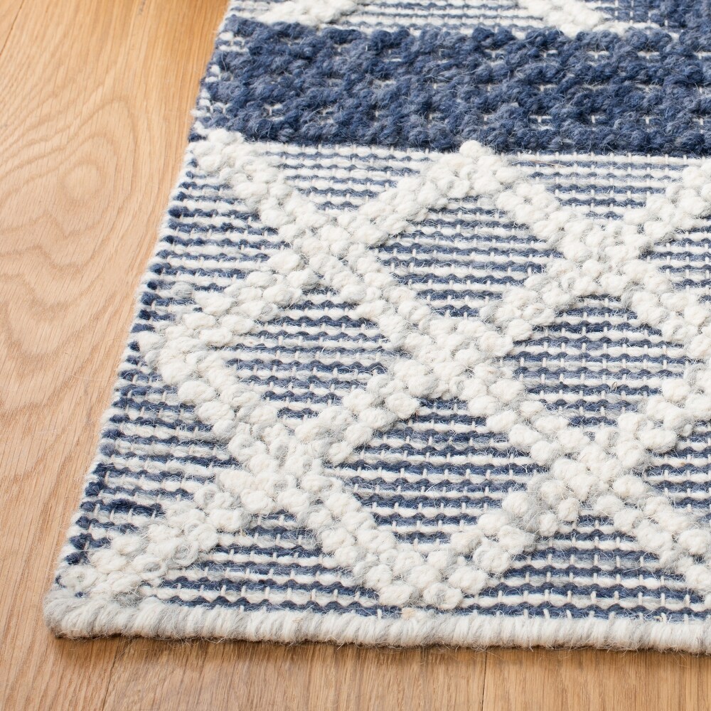 RN-24 Scandinavian Geometric Wool Ivory/Blue Handwoven Handmade Runner - Image 2