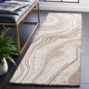 RN-25 Mid-Century Modern Abstract Wool Beige/Ivory Handwoven Handmade Runner