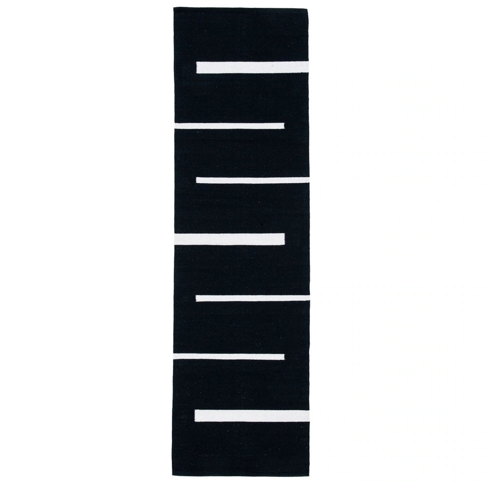 RN-28 Casual Geometric Wool Black/Ivory Handknotted Handmade Runner