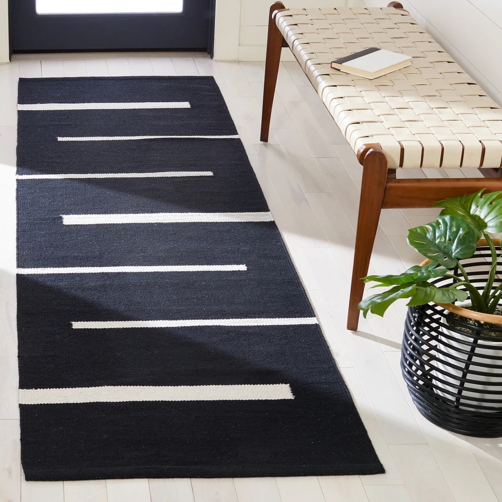 RN-28 Casual Geometric Wool Black/Ivory Handknotted Handmade Runner - Image 2