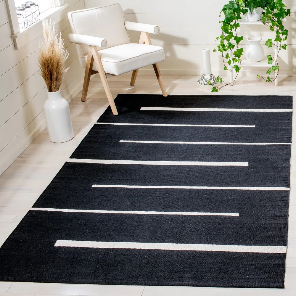 RN-28 Casual Geometric Wool Black/Ivory Handknotted Handmade Runner - Image 4