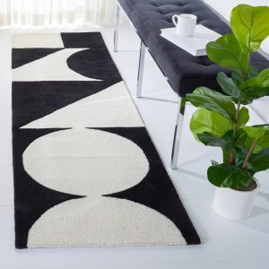 RN-31 Mid-Century Modern Abstract Wool Black/Ivory Handtufted Handmade Runner