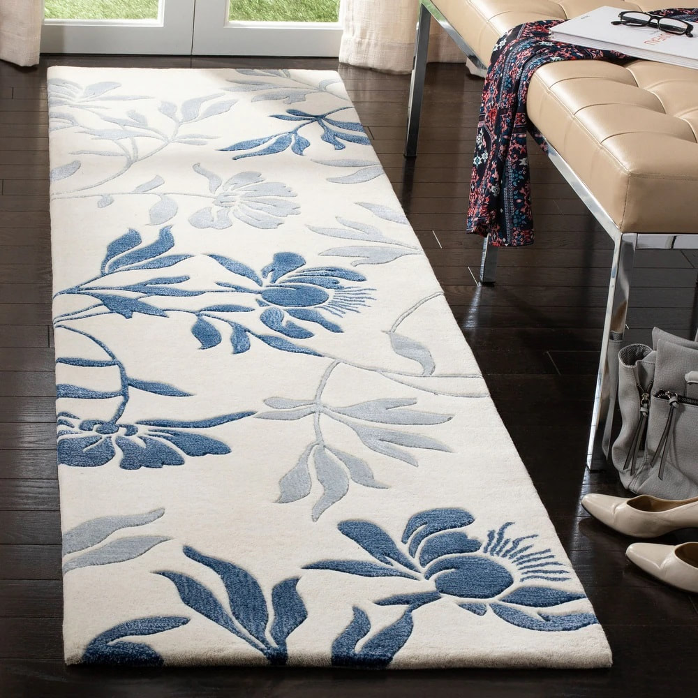 RN-35 Transitional Floral Wool Ivory/Blue Handtufted Handmade Runner