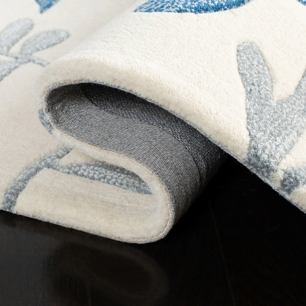RN-35 Transitional Floral Wool Ivory/Blue Handtufted Handmade Runner - Image 2