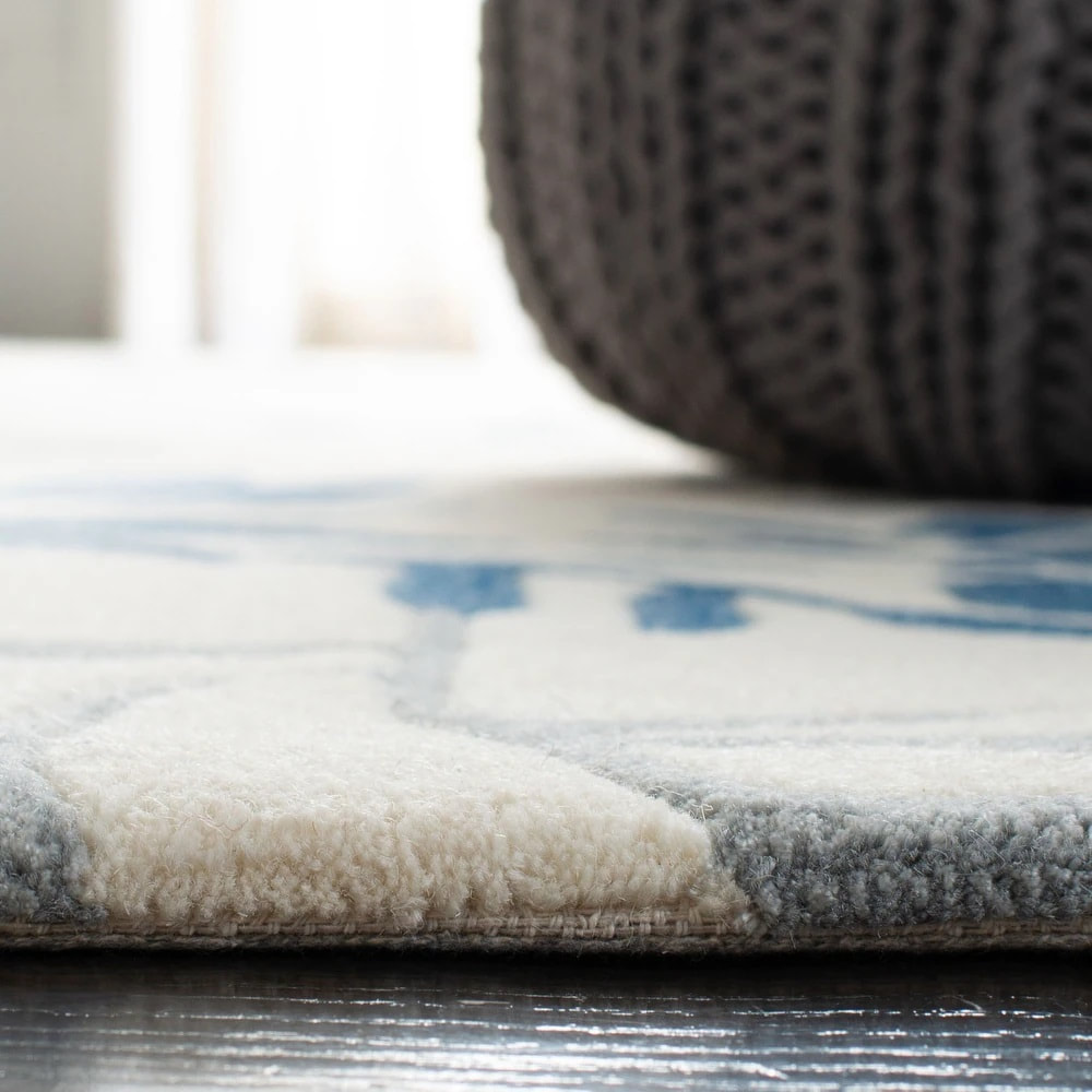 RN-35 Transitional Floral Wool Ivory/Blue Handtufted Handmade Runner - Image 3
