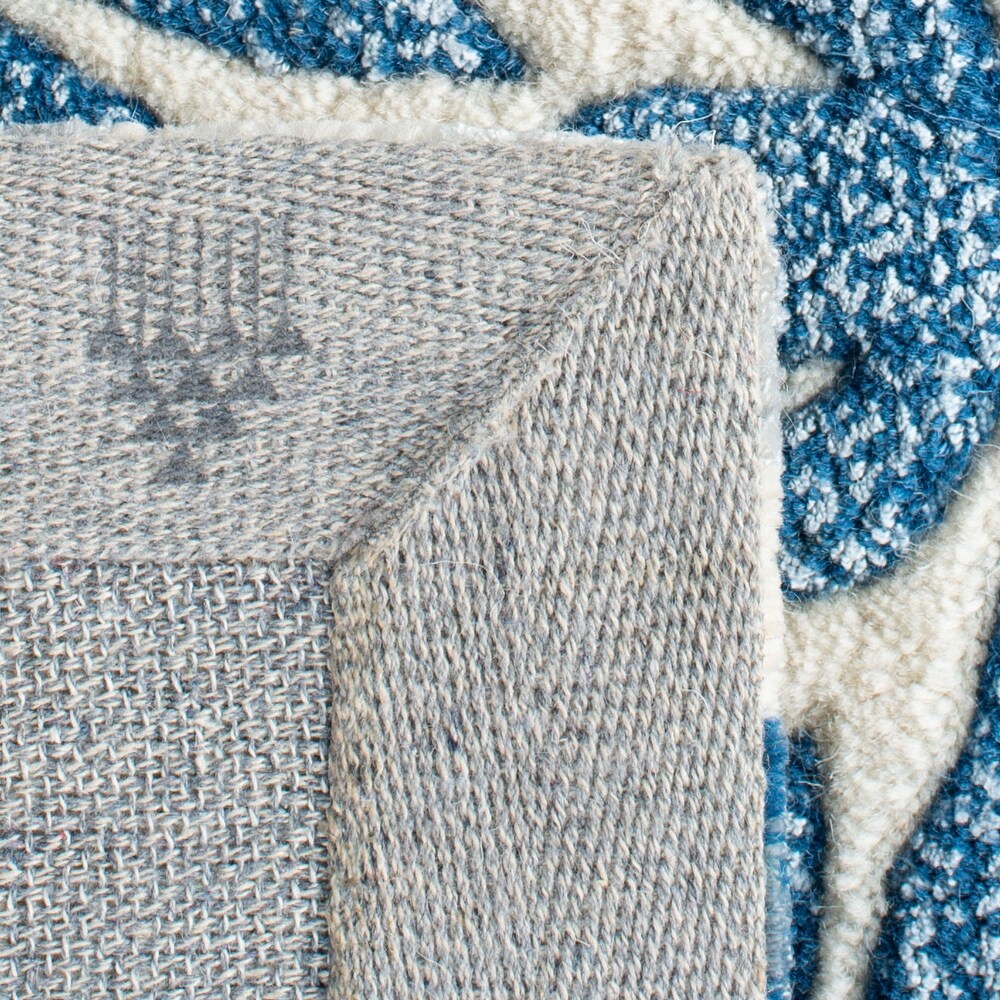 RN-35 Transitional Floral Wool Ivory/Blue Handtufted Handmade Runner - Image 4