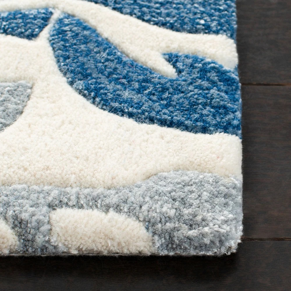 RN-35 Transitional Floral Wool Ivory/Blue Handtufted Handmade Runner - Image 5
