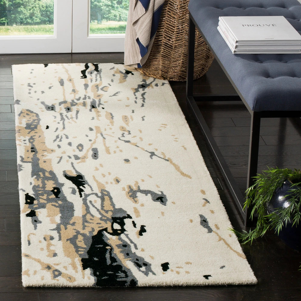 RN-5 Modern Contemporary Floral Wool & Viscose Ivory Handtufted Handmade Runner
