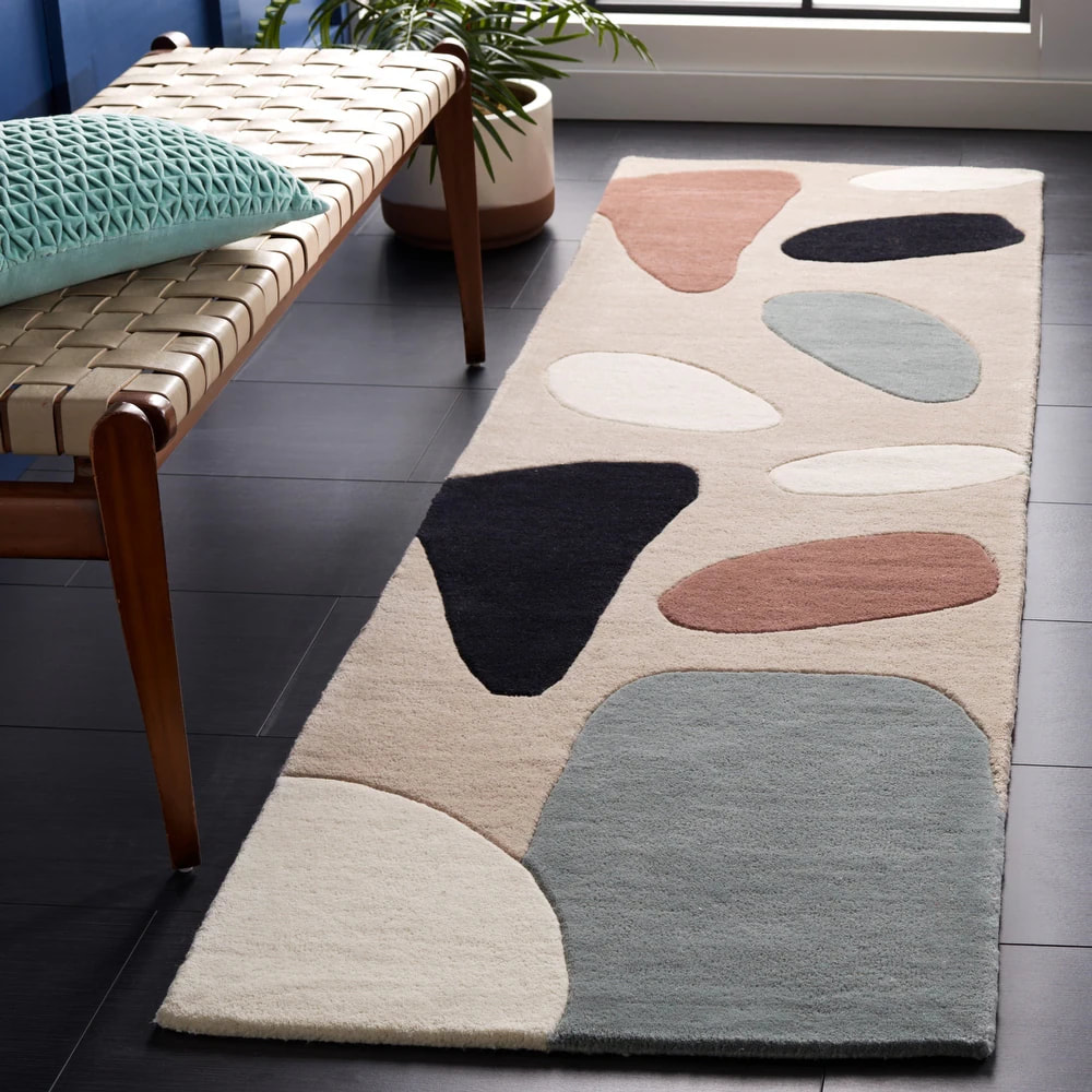 RN-6 Modern Contemporary Abstract Wool Beige/Black Handtufted Handmade Runner