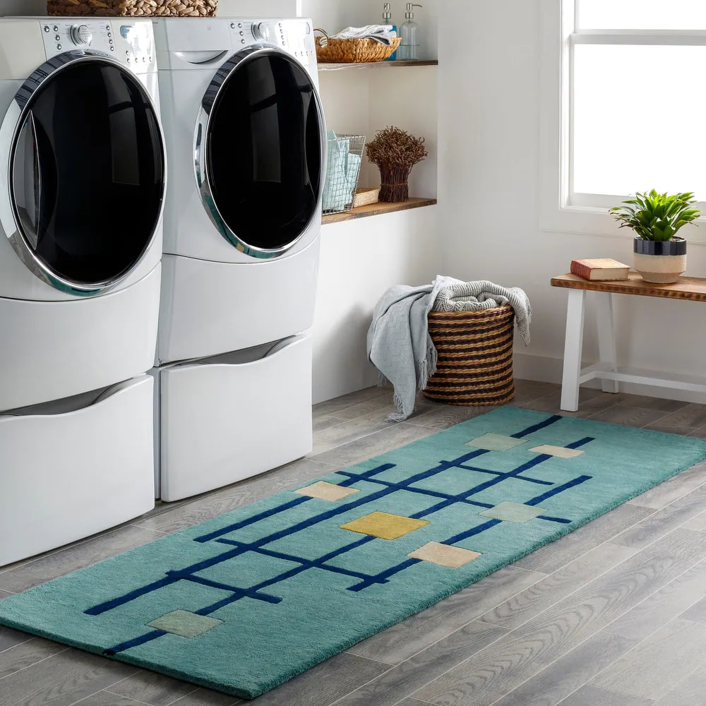 RN-9 Mid-Century Modern Geometric Wool & Viscose Blue Handtufted Handmade Runner