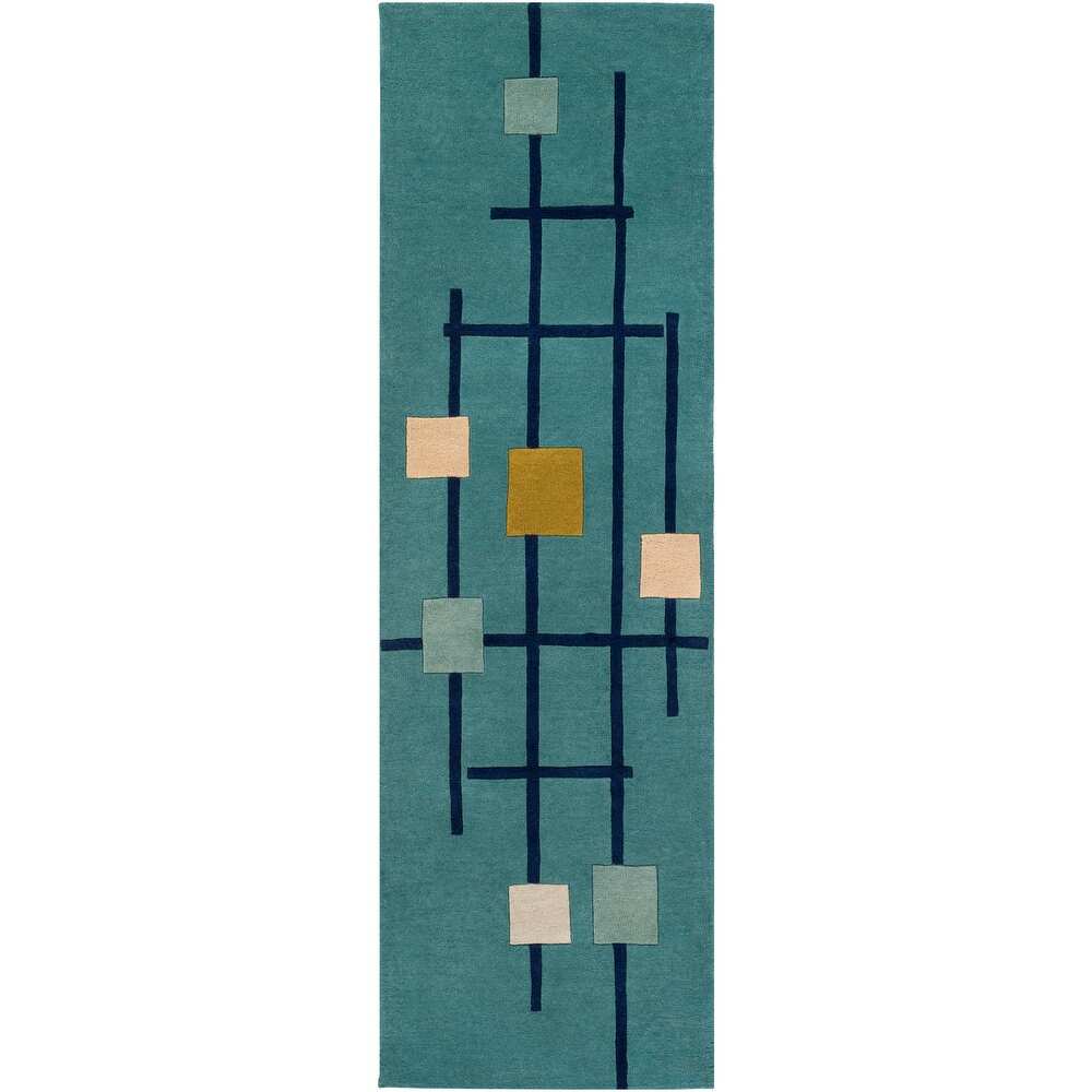 RN-9 Mid-Century Modern Geometric Wool & Viscose Blue Handtufted Handmade Runner - Image 4