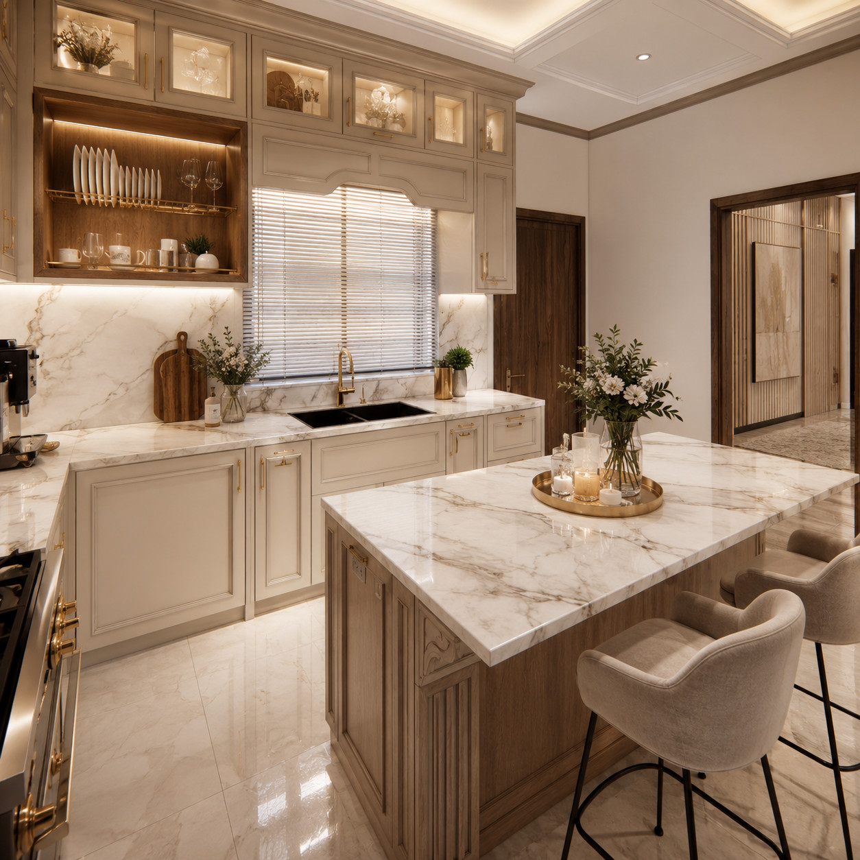 Bright island kitchen with marble surfaces, warm wood accents, cream cabinetry and dining stools