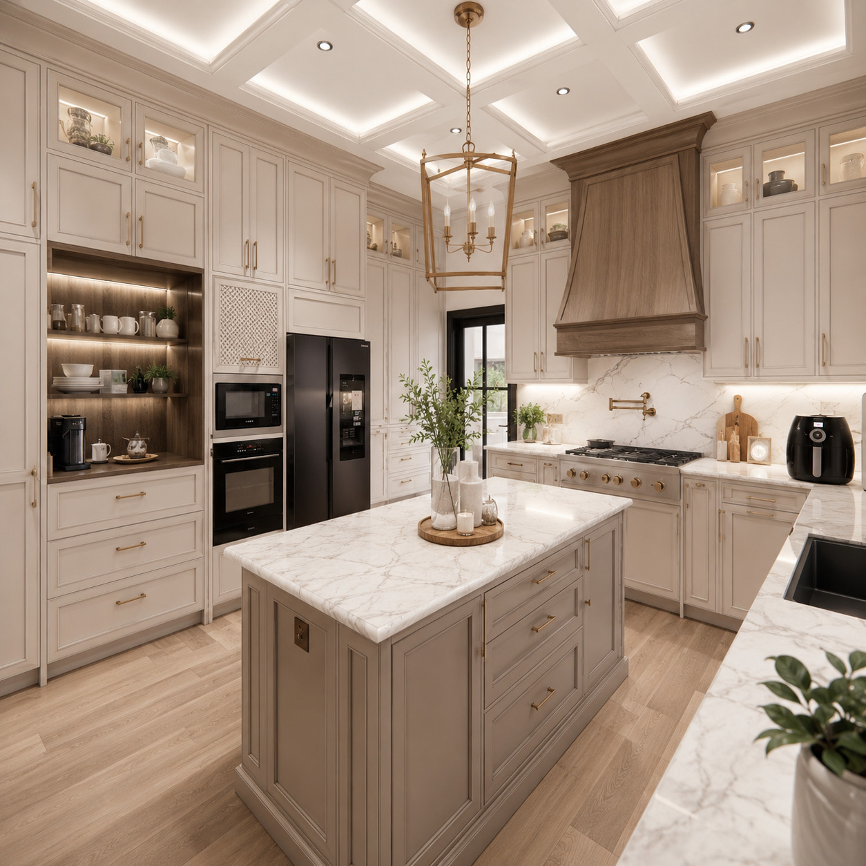 Classic full kitchen with framed cabinetry, marble counters, island and ceiling lighting detail