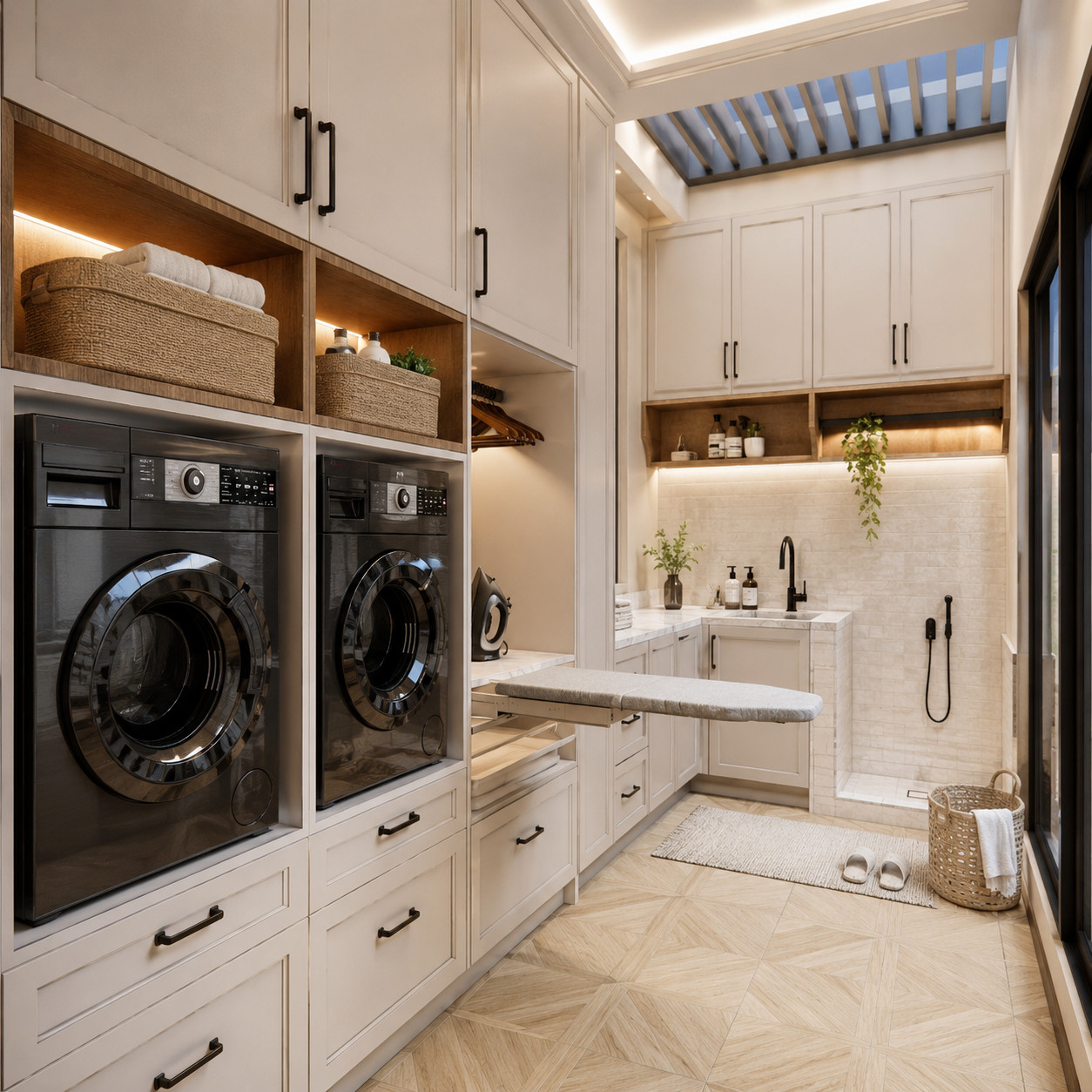 Compact laundry design with twin washer dryer area, storage cabinets, sink and ironing counter